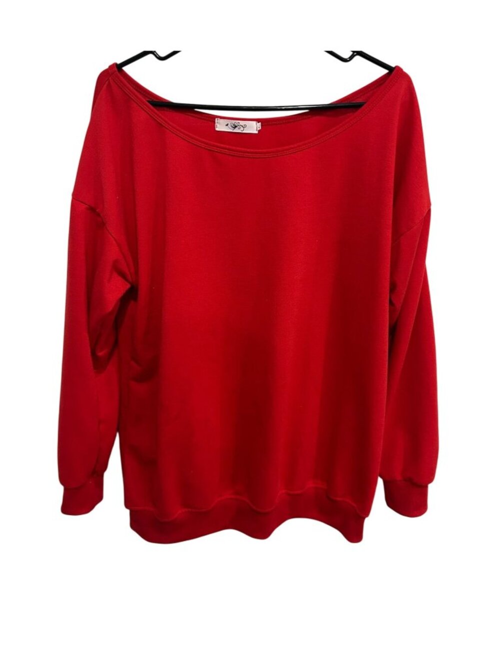 Large Red Boatneck Long Sleeve Lightweight Pullover Sweatshirt Minimalist Retro